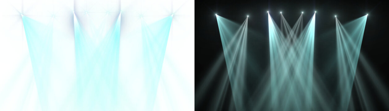Spotlight beams blue lighting shining on concert stage on transparent background. VFX design, theatre stage poster, party, music event.