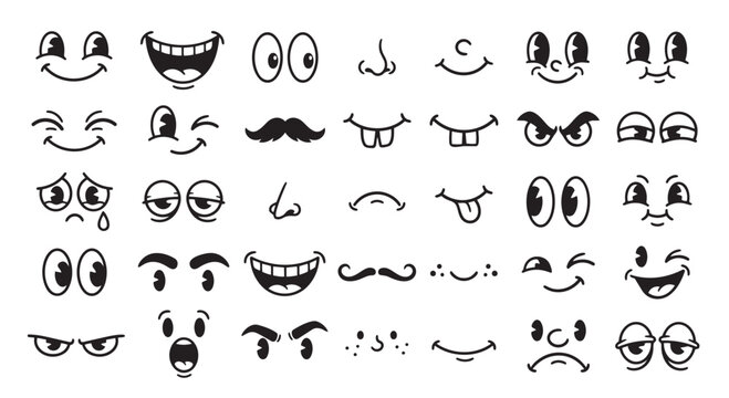 Set of cartoon facial expressions including eyes noses and mouths for character design with mustache