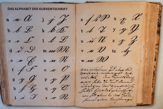 Die Buchstaben, das Alphabet  in Kurrentschrift - Die Kurrentschrift war bis Mitte des 20. Jahrhunderts die Verkehrsschrift im Deutschen Sprachraum