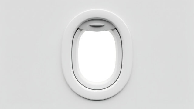 Oval-shaped airplane window frame against a neutral background with airplane