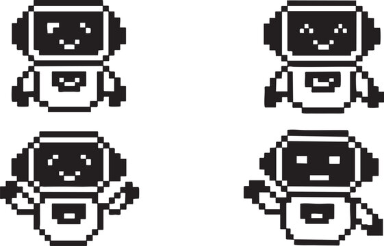 Robot character set featuring pixel art style black and white vector illustrations depicting various cute expressions for modern digital design