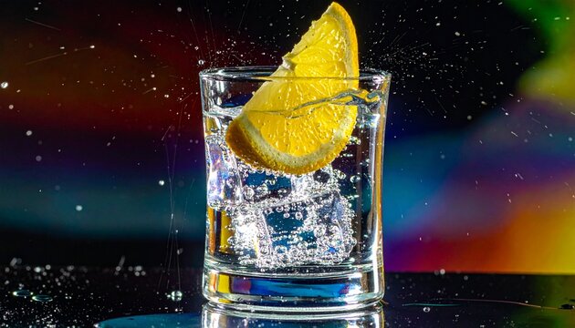 Refreshing cocktail glass with ice cubes, orange slice, and splashing liquid on dark background