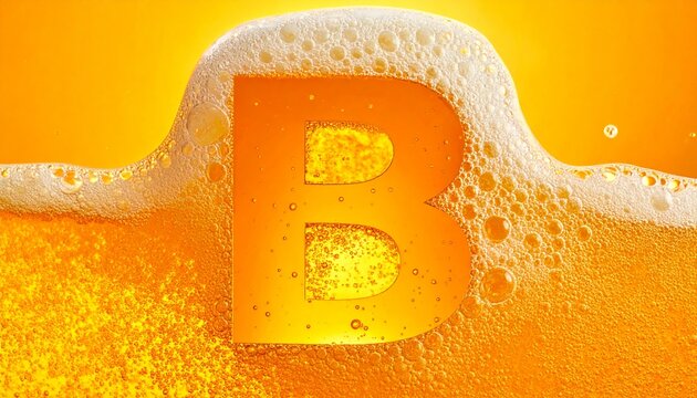 Letter B alphabet initial in cold beer texture with foam bubbles background