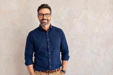 Obraz premium A smiling man with a beard and glasses wearing a dark blue button down shirt standing against a textured light beige studio background