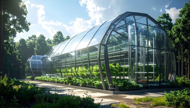 Modern Sustainable Glass Greenhouse Architecture Set Within a Lush Natural Forest Landscape