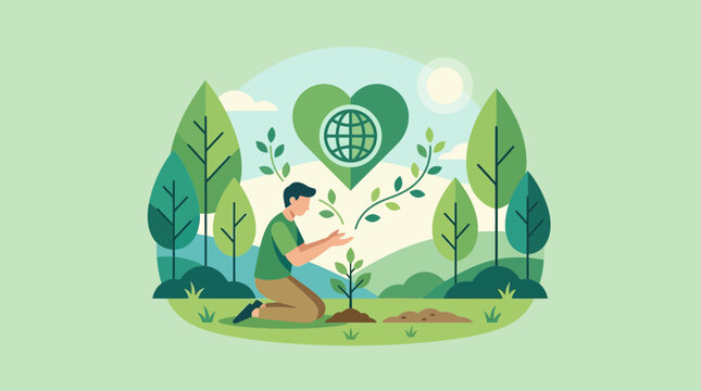 A dedicated person kneels on the fertile soil to plant a young sapling while a symbolic green heart containing a globe emblem shines brightly above the lush forest landscape during a sunny