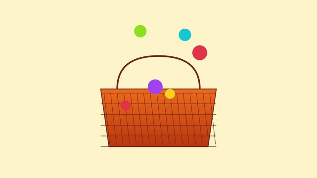 Colorful bouncing balls falling into a shopping basket animation 4k