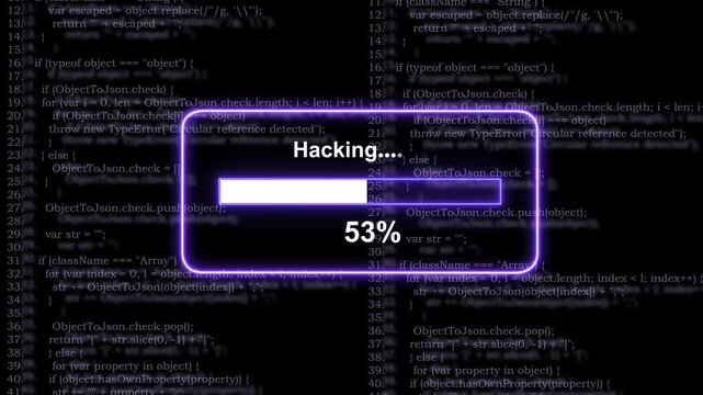 Dynamic cyber security hacking progress bar animation featuring glowing neon purple ui overlaying complex javascript programming code background, for advanced technology, software development, and