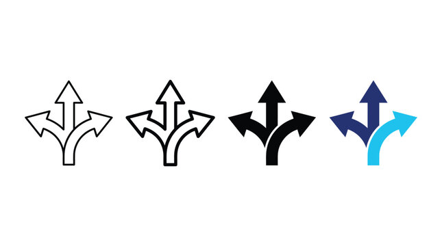 Set of threeway split arrows icons, vector illustration of directional signs for navigation and decision making