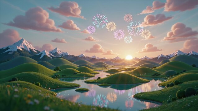 A beautiful 3D landscape featuring grassy hills and fireworks at sunset