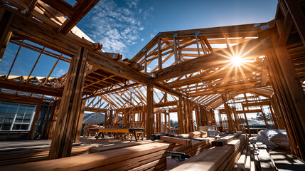 Fototapeta premium Bright construction site of a house with exposed timber roof framing against a clear blue sky structural carpentry concept home building wooden frame roof structure