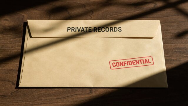 Tan envelope labeled private records with red confidential stamp on dark wood table
