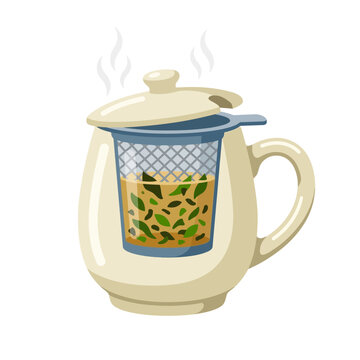 Steaming ceramic cup with internal tea leaf infuser