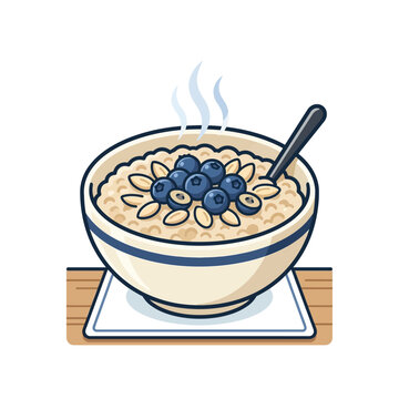 Steaming porridge bowl with blueberries and spoon.
