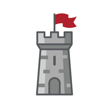 Stone castle tower illustration with red waving flag.