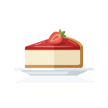 Strawberry cheesecake slice on plate flat illustration.