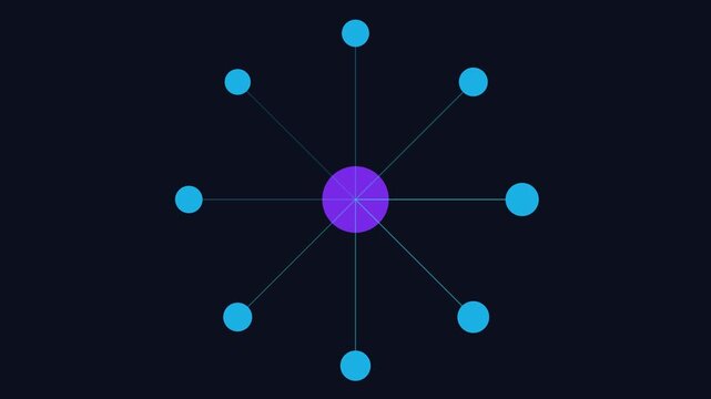 Digital network connection hub with expanding data nodes and centralized communication system animation 4k