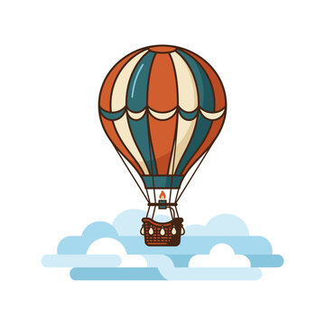 Striped vintage hot air balloon floating among clouds.