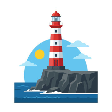 Striped lighthouse standing on rocky cliff overlooking blue sea.