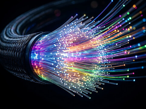 Colorful fiber optic cables transmitting high-speed data for modern communication technology.