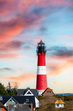 The H&ouml;rnum lighthouse on Sylt in the evening atmosphere. 