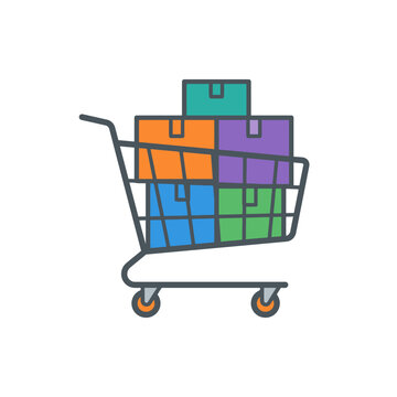Supermarket shopping cart filled with colorful delivery boxes