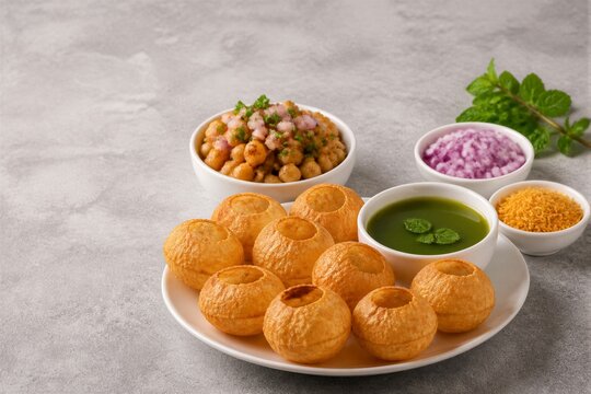 Pani puri arranged with chutneys and chickpeas on tabletop