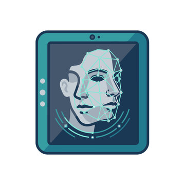 Tablet displaying biometric facial recognition scan.