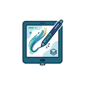 Tablet with colorful digital paint and stylus pen.