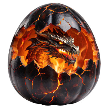 Dramatic cracked egg revealing a fierce red dragon inside with glowing embers and fiery light isolated on transparent background