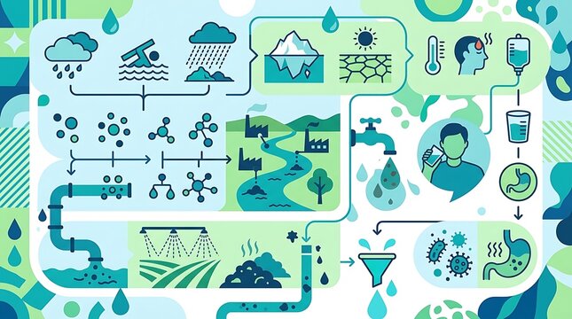 Water cycle infographic showing pollution health impacts and farming