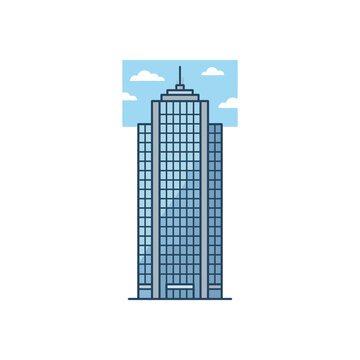 Tall skyscraper icon against blue sky background.