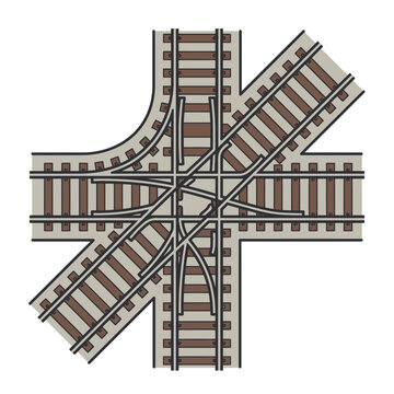 Top down view of railway tracks crossing at intersection.