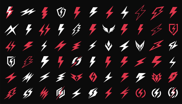 Collection of lightning bolt silhouettes in red and white arranged against a black background silhouette thunderbolt electric energy power storm weather graphic