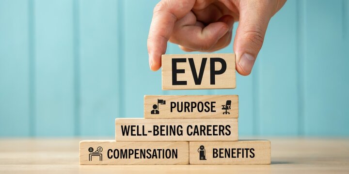Hand placing a wooden block with evp text on a stack of business concepts