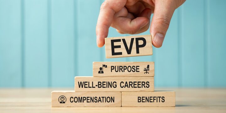 Hand placing wooden block with evp text on stack of business concepts