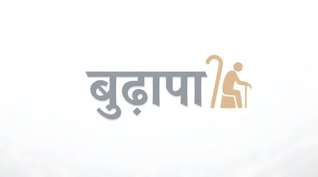 Graphic illustration of old age concept featuring hindi word budhapa with senior person icon.