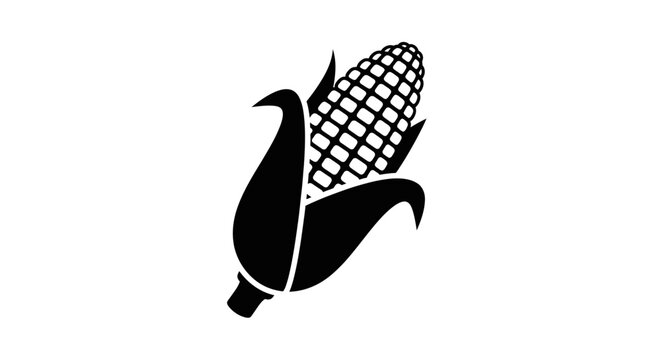 Minimalist black and white silhouette of a cob of corn partially wrapped in husk on plain white background with emphasizing clean lines contrast against white backdrop