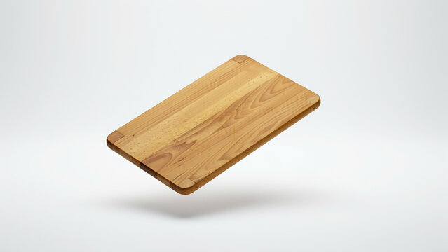 A wooden cutting board floats in the air against a seamless white background with soft lighting