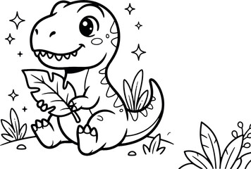 Fototapeta premium Cute tyrannosaurus rex eating leaves black and white cartoon illustration for children
