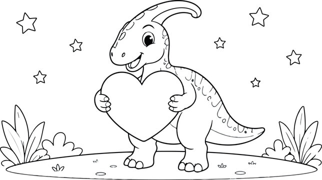 Adorable parasaurolophus dinosaur holding heart outline coloring page illustration