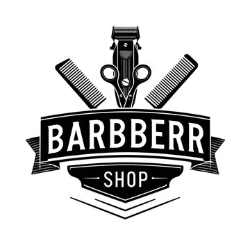Barbershop logo with trimmer scissors and bold typography.