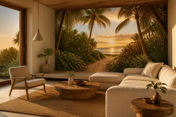 Fototapeta premium Living room showcasing coastal sunset mural in tropical home