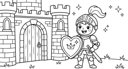 Charming knight illustration with castle perfect for children's books and coloring pages