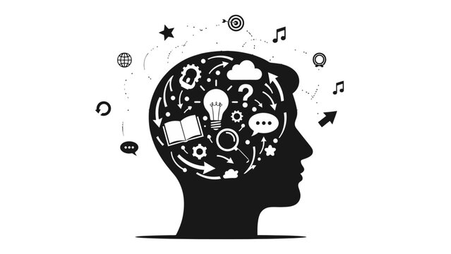 Silhouette of a human head filled with various icons representing thoughts, ideas, and learning, symbolizing the complexity of the human mind.