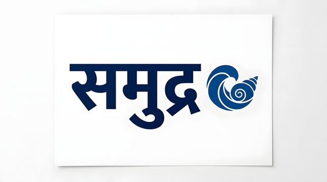 Dark blue hindi text samudra for ocean with circular wave and shell icon on white paper.