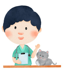 Cartoon occupation veterinarian is treating cat with a broken leg. cute kitten.Cute kitten character.Hand drawn with watercolor.