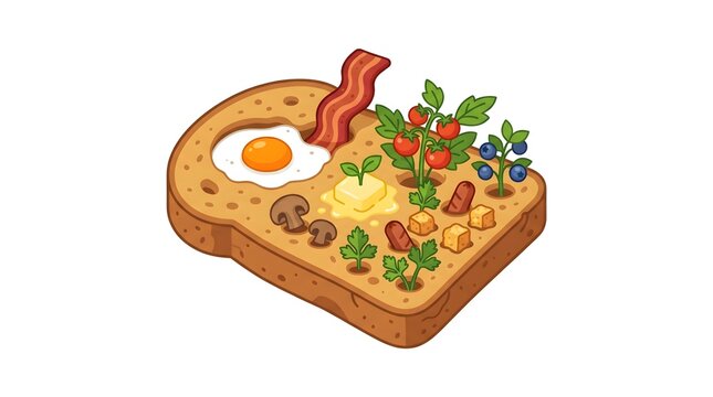 Illustration representing slice of bread with various ingredients like egg bacon tomatoes parsley sausage cubes mushroom blueberry and butter isolated on white background digital graphic art design.