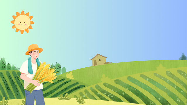 Dedicated farmer harvesting golden crops in sunlit, verdant fields, an illustration of agricultural prosperity and seasonal bounty