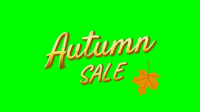Autumn sale golden text animation with falling maple leaf on green screen